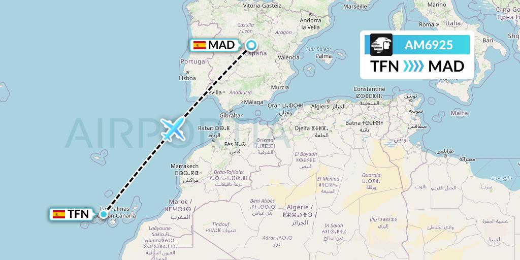 AM6925 Aeromexico Flight Map: Tenerife to Madrid