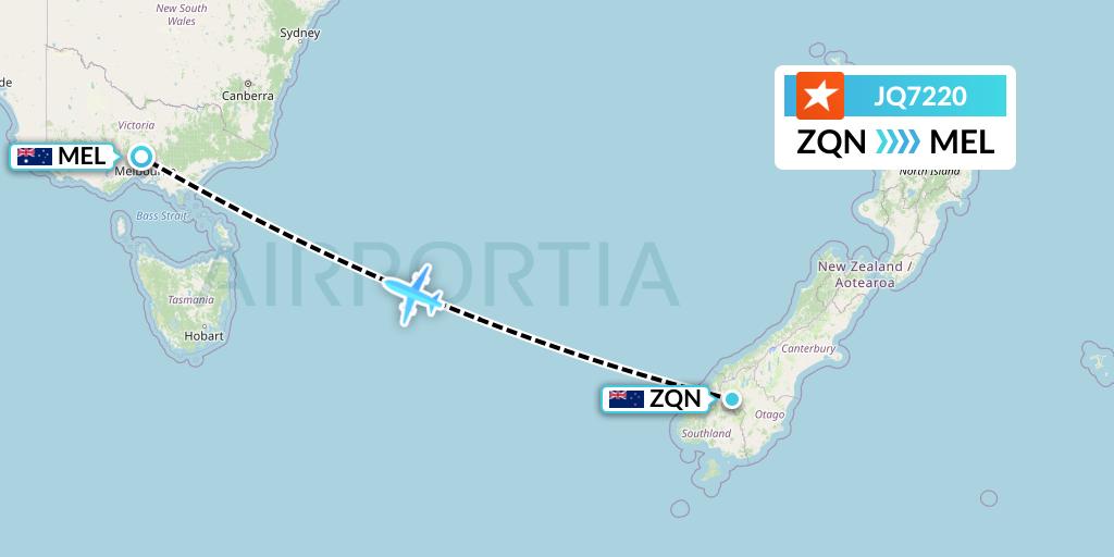 JQ7220 Jetstar Airways Flight Map: Queenstown to Melbourne