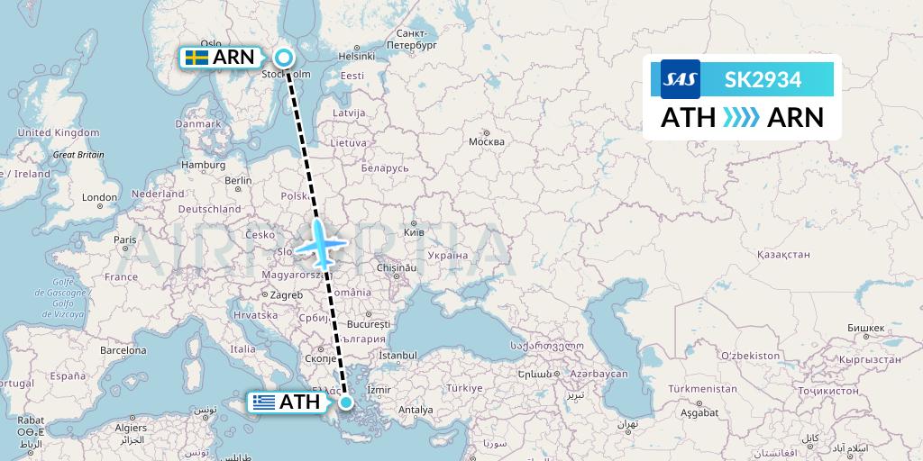 SK2934 SAS Flight Map: Athens to Stockholm