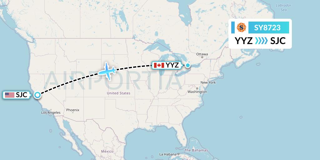 SY8723 Sun Country Airlines Flight Map: Toronto to San Jose