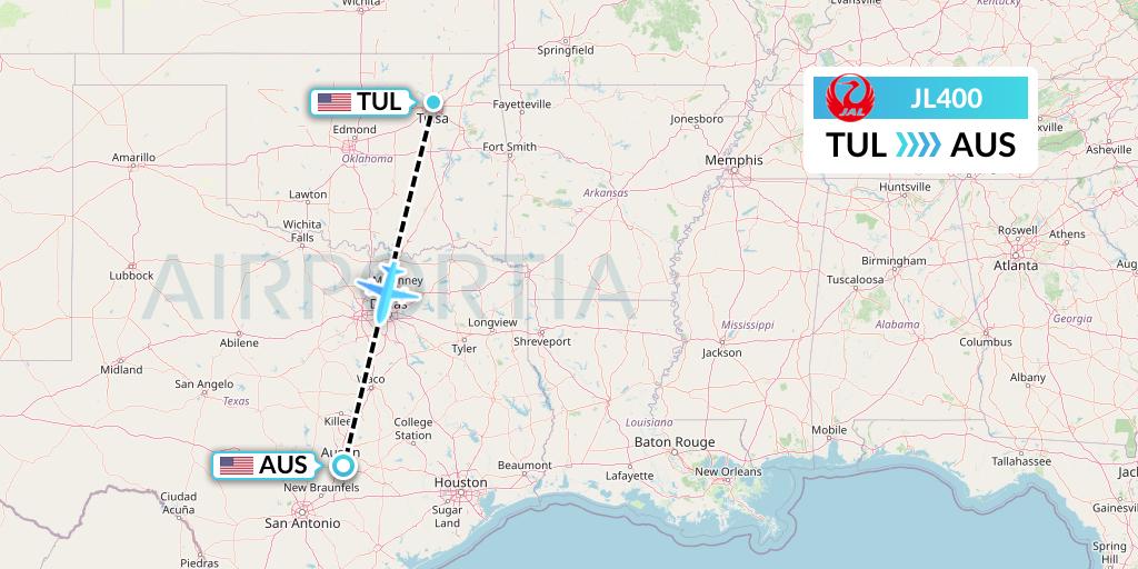 JL400 Japan Airlines Flight Map: Tulsa to Austin
