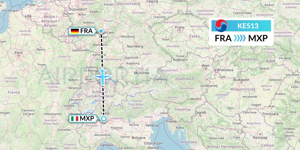 KE513 Korean Air Flight Map: Frankfurt to Milan