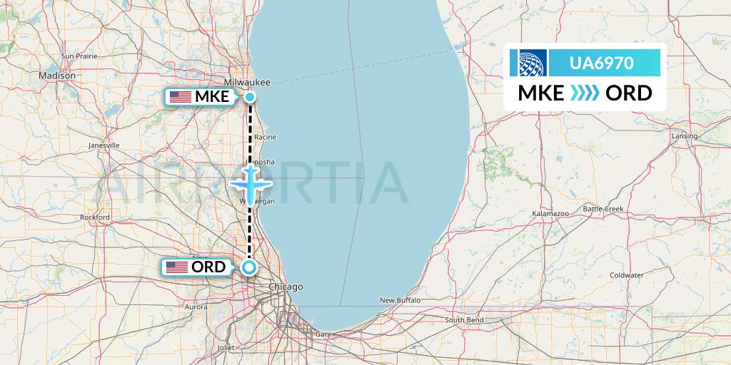 UA6970 United Airlines Flight Map: Milwaukee to Chicago