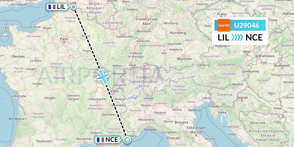 U29046 EasyJet Flight Map: Lille to Nice