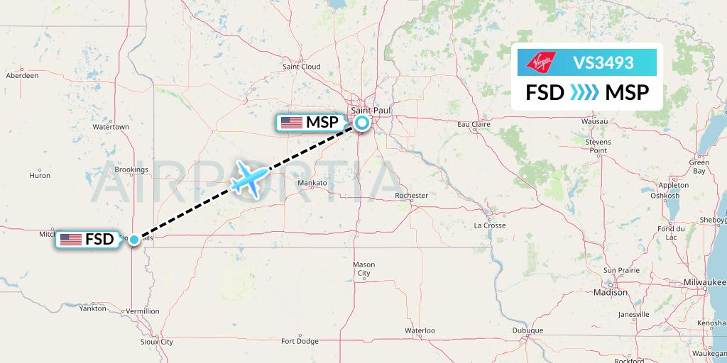 VS3493 Virgin Atlantic Airways Flight Map: Sioux Falls to Minneapolis
