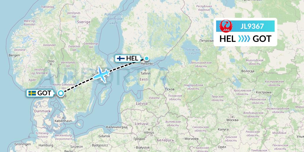 JL9367 Japan Airlines Flight Map: Helsinki to Gothenburg