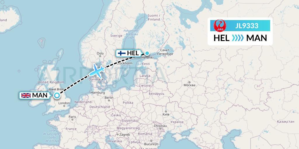 JL9333 Japan Airlines Flight Map: Helsinki to Manchester
