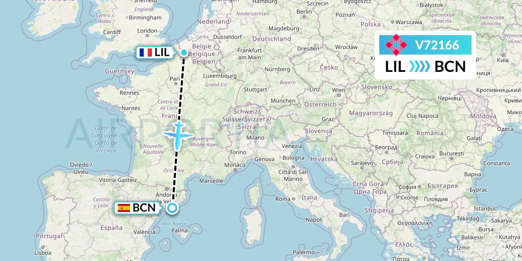 V72166 Volotea Flight Map: Lille to Barcelona