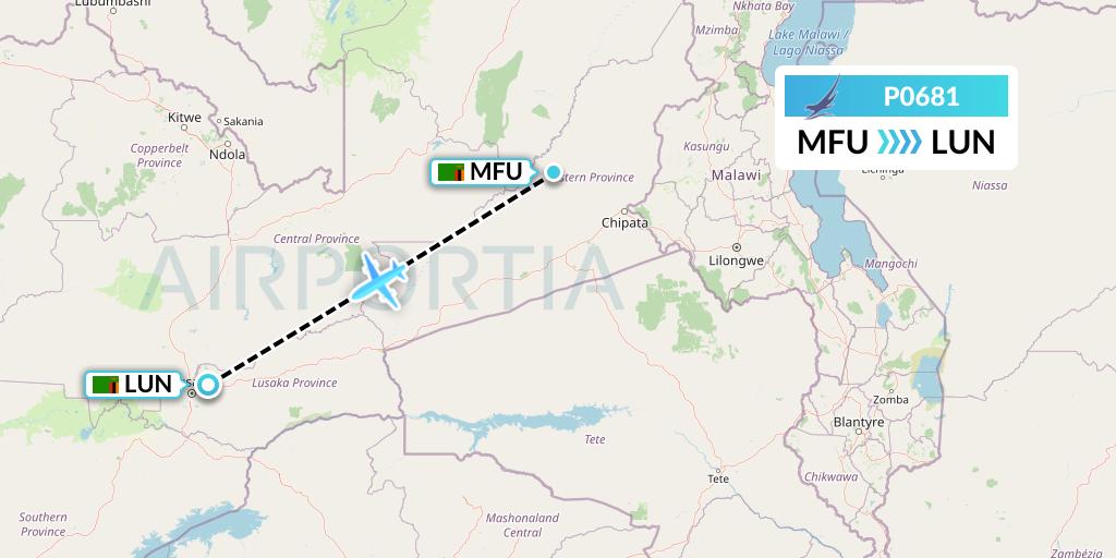 P0681 Proflight Air Services Flight Map: Mfuwe to Lusaka