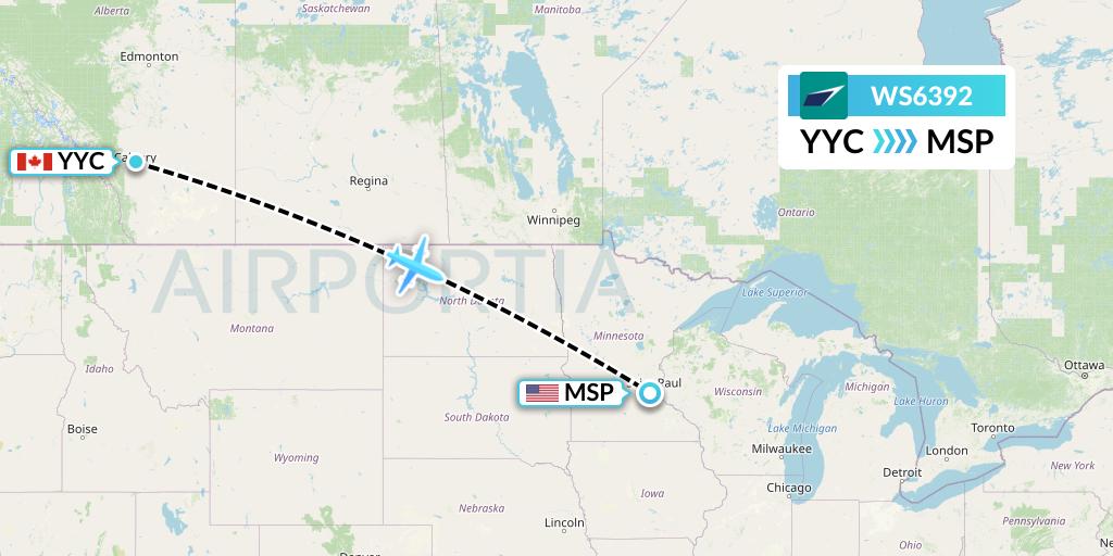 WS6392 WestJet Flight Map: Calgary to Minneapolis