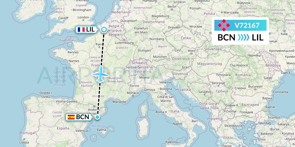 V72167 Volotea Flight Map: Barcelona to Lille