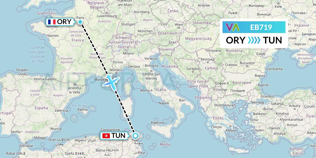 EB719 Wamos Air Flight Map: Paris to Tunis