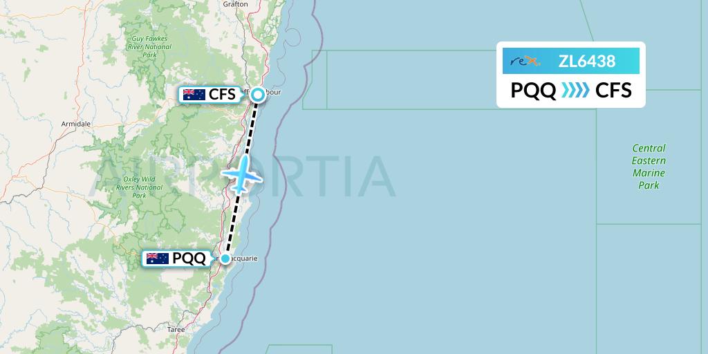 ZL6438 Regional Express Flight Map: Port Macquarie to Coffs Harbour
