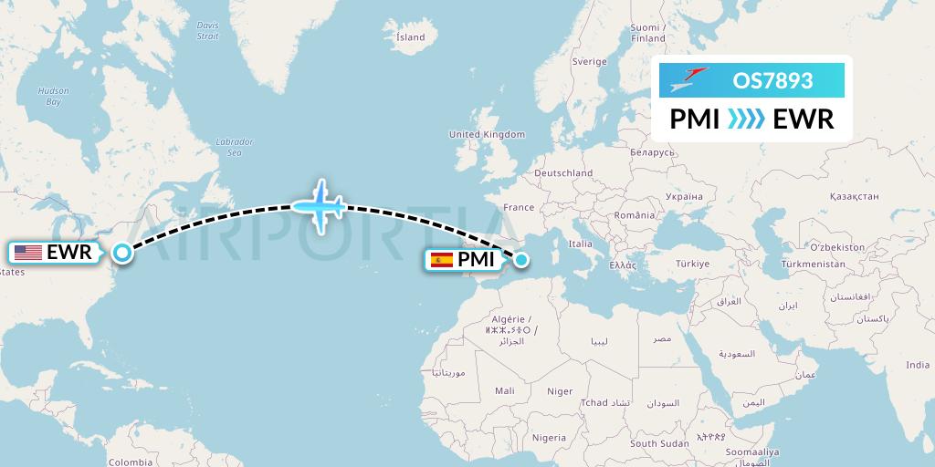 OS7893 Austrian Airlines Flight Map: Palma de Mallorca to New York