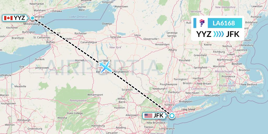 LA6168 LAN Airlines Flight Map: Toronto to New York