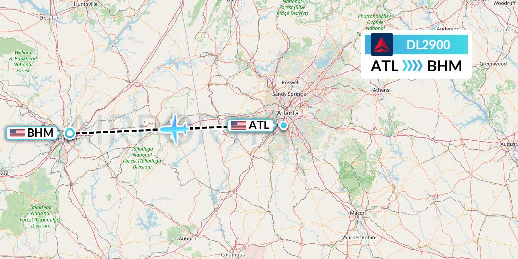DL2900 Delta Air Lines Flight Map: Atlanta to Birmingham
