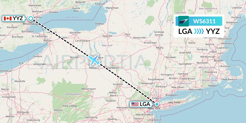WS6311 WestJet Flight Map: New York to Toronto