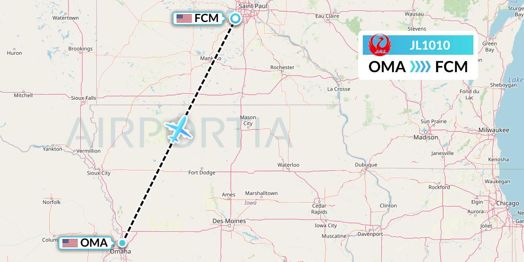 JL1010 Japan Airlines Flight Map: Omaha to Minneapolis