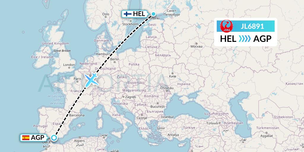 JL6891 Japan Airlines Flight Map: Helsinki to Malaga