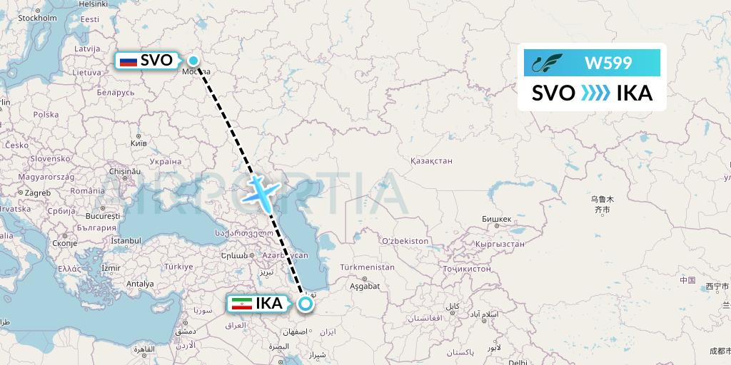 W599 Mahan Air Flight Map: Moscow to Tehran