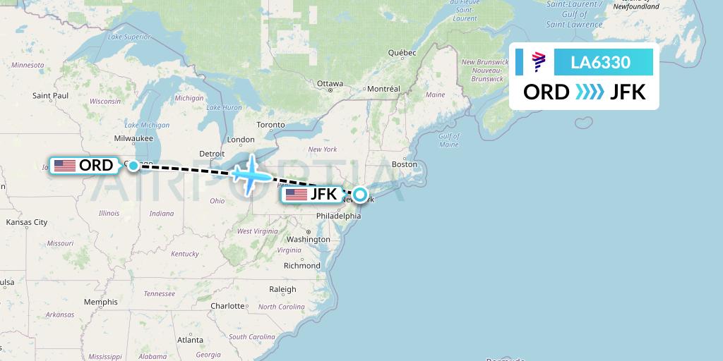 LA6330 LAN Airlines Flight Map: Chicago to New York