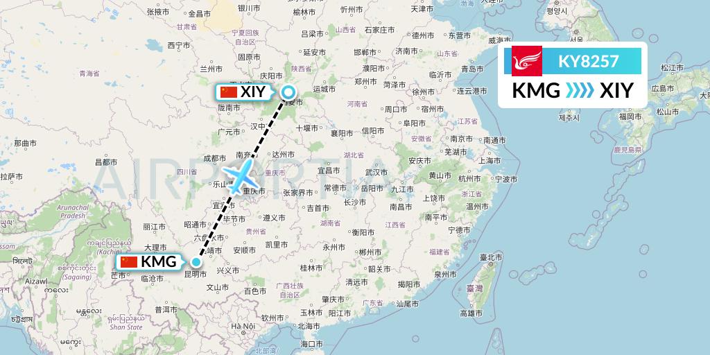 KY8257 Kunming Airlines Flight Map: Kunming to Xi'an