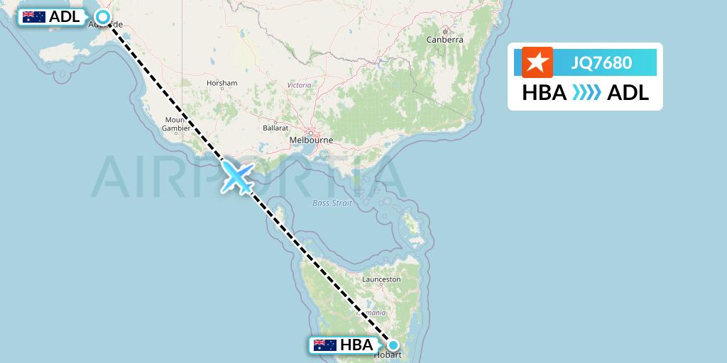 JQ7680 Jetstar Airways Flight Map: Hobart to Adelaide