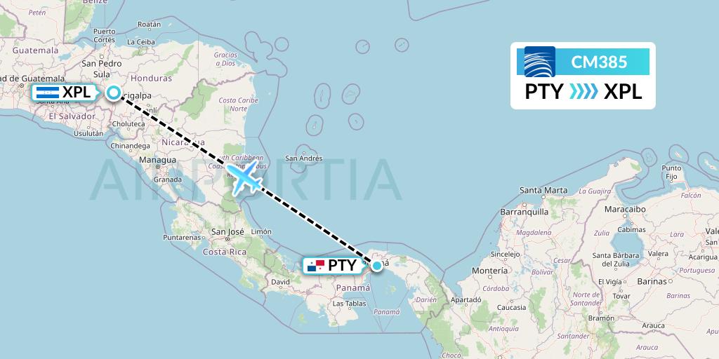 CM385 Copa Airlines Flight Map: Panama City to Comayagua