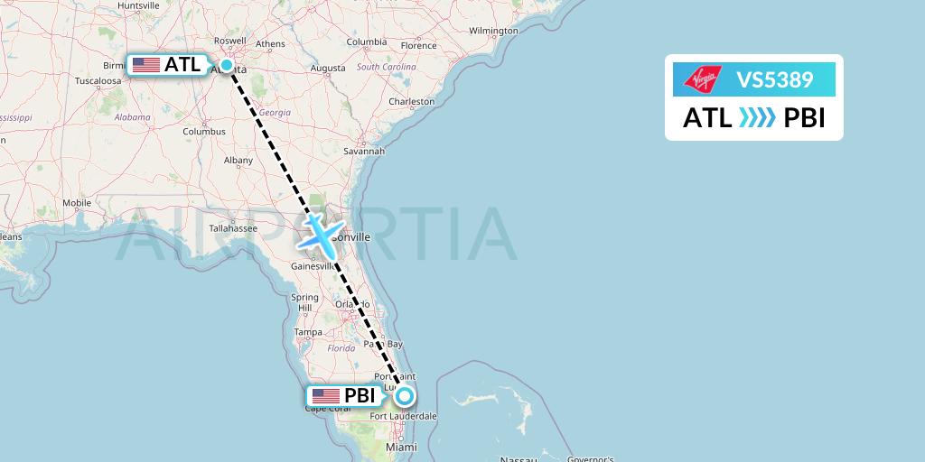 VS5389 Virgin Atlantic Airways Flight Map: Atlanta to West Palm Beach