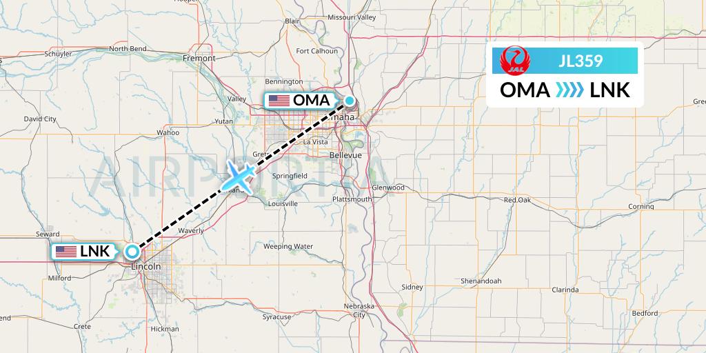 JL359 Japan Airlines Flight Map: Omaha to Lincoln