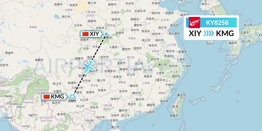 KY8258 Kunming Airlines Flight Map: Xi'an to Kunming