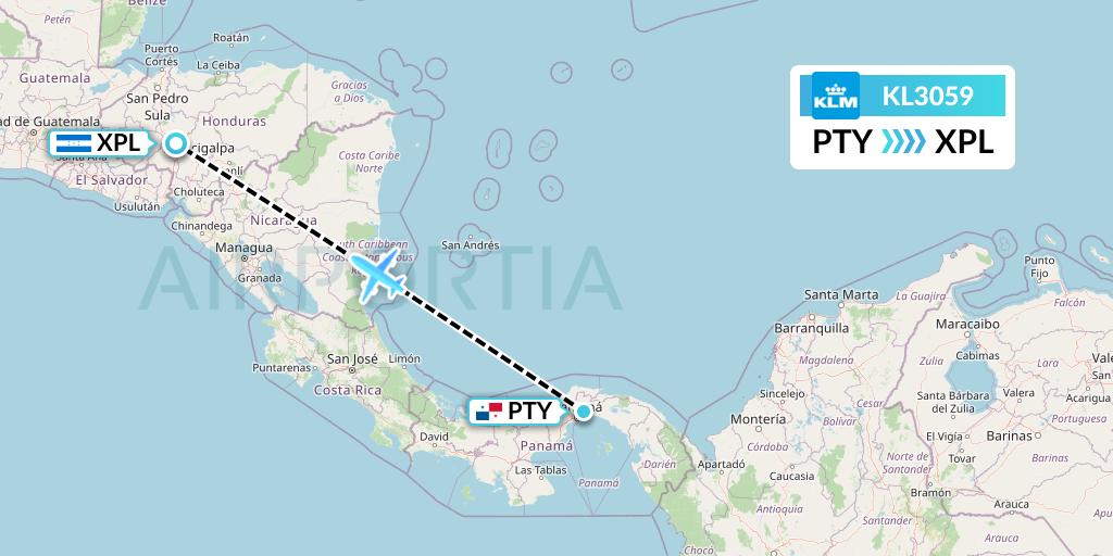 KL3059 KLM Flight Map: Panama City to Comayagua