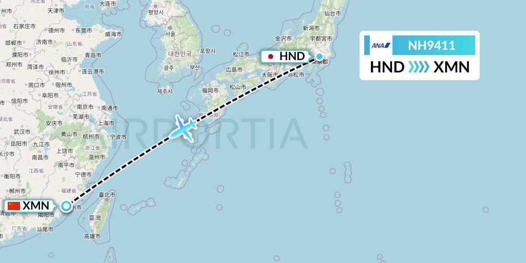 NH9411 All Nippon Airways Flight Map: Tokyo to Xiamen