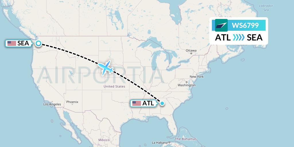 WS6799 WestJet Flight Map: Atlanta to Seattle