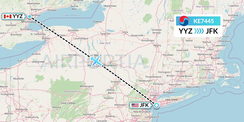 KE7445 Korean Air Flight Map: Toronto to New York