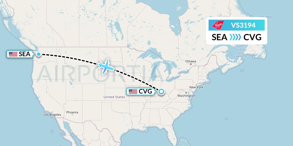 VS3194 Virgin Atlantic Airways Flight Map: Seattle to Cincinnati