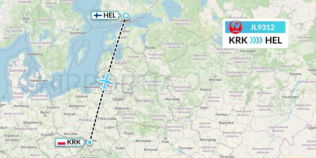 JL9312 Japan Airlines Flight Map: Krakow to Helsinki