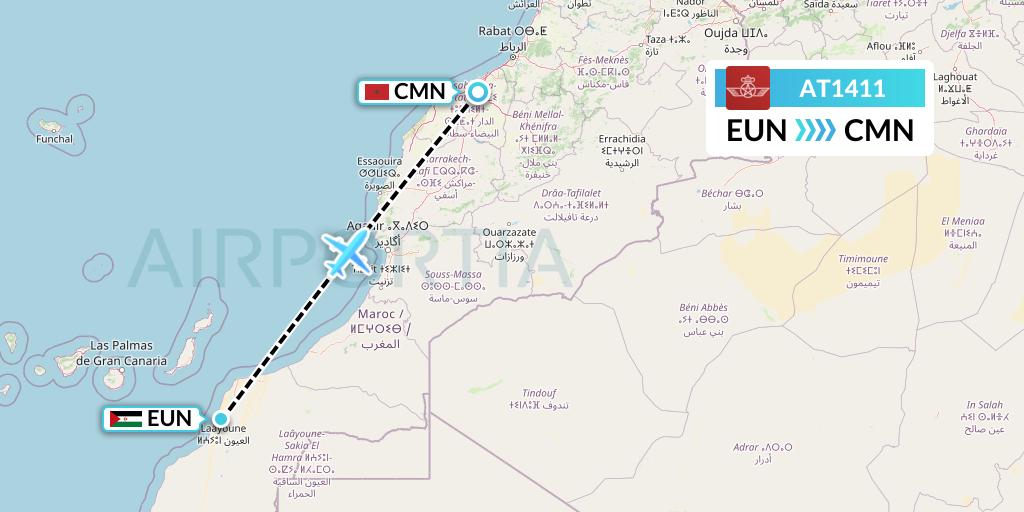 AT1411 Royal Air Maroc Flight Map: El Aaiun to Casablanca