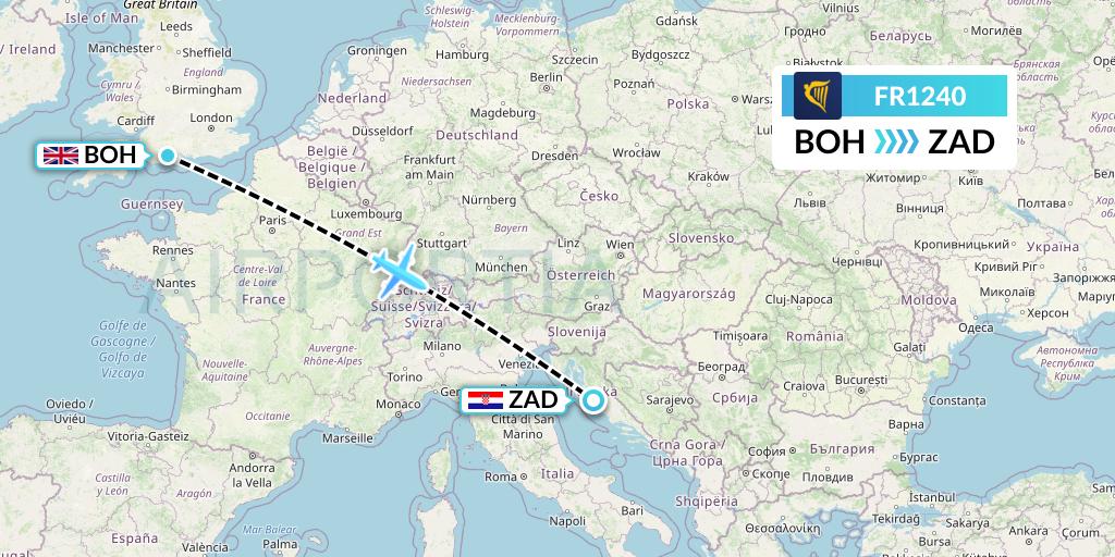 FR1240 Ryanair Flight Map: Bournemouth to Zadar