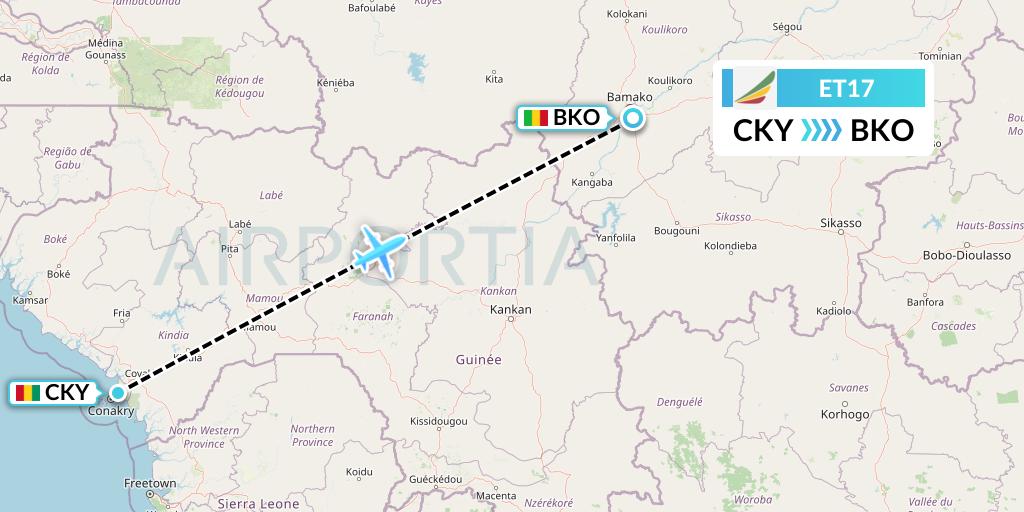 ET17 Ethiopian Airlines Flight Map: Conakry to Bamako