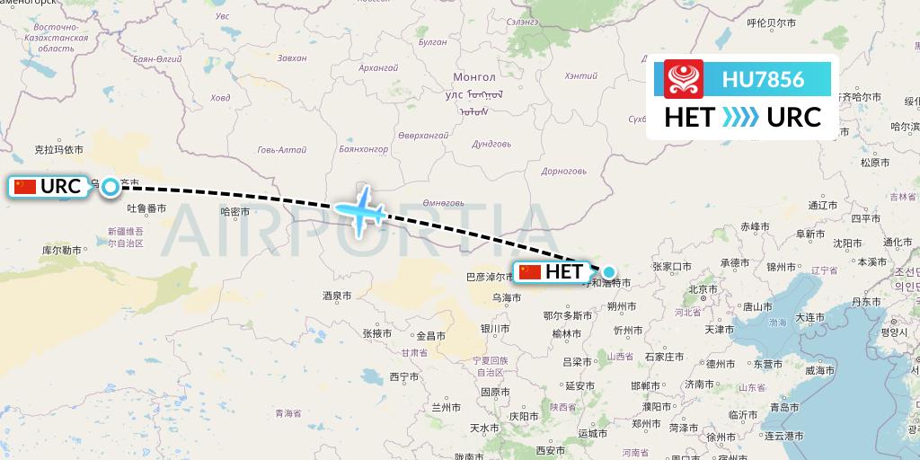 HU7856 Hainan Airlines Flight Map: Hohhot to Urumqi