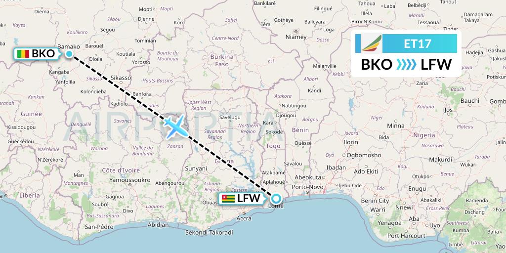 ET17 Ethiopian Airlines Flight Map: Bamako to Lome
