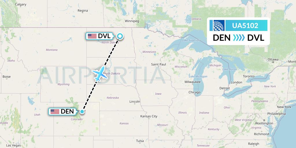 UA5102 United Airlines Flight Map: Denver to Devils Lake