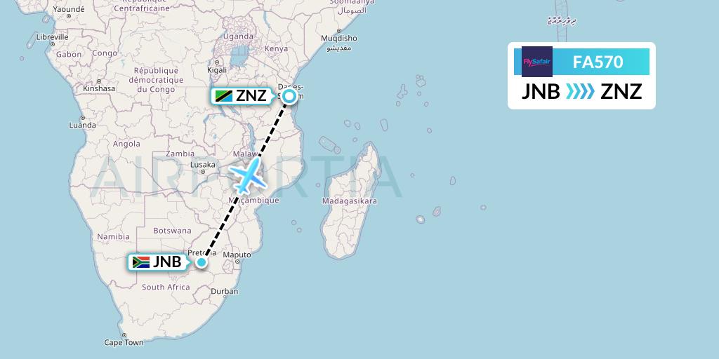 FA570 Safair Flight Map: Johannesburg to Zanzibar