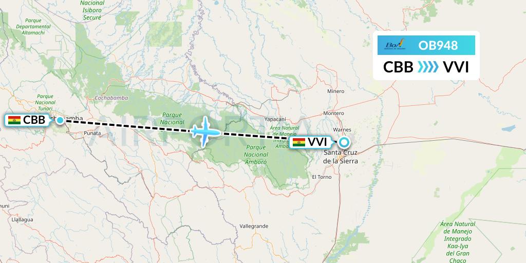 OB948 Boliviana de Aviacion Flight Map: Cochabamba to Santa Cruz