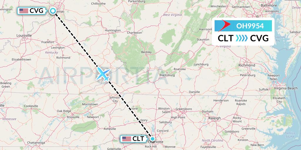 OH9954 PSA Airlines Flight Map: Charlotte to Cincinnati