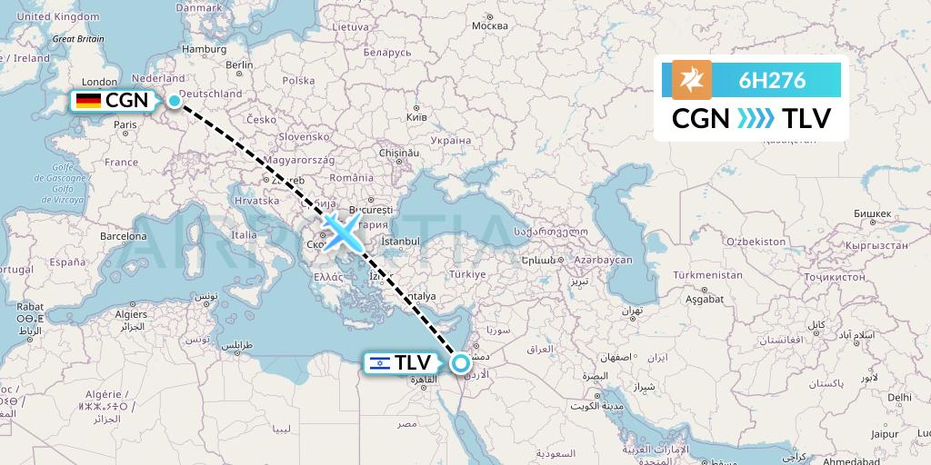6H276 Israir Airlines Flight Map: Cologne to Tel Aviv