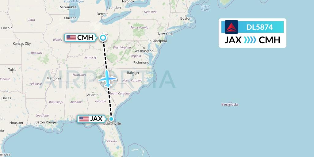 DL5874 Delta Air Lines Flight Map: Jacksonville to Columbus