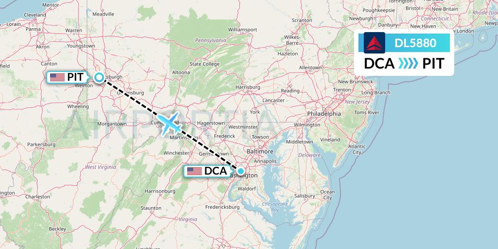 DL5880 Delta Air Lines Flight Map: Washington to Pittsburgh
