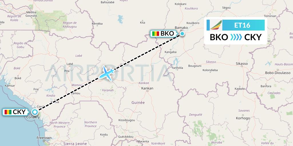 ET16 Ethiopian Airlines Flight Map: Bamako to Conakry